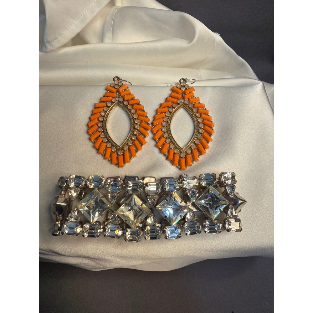 Vintage Style Clear Rhinestone Cuff Bracelet and Orange Beaded Drop Earring Set